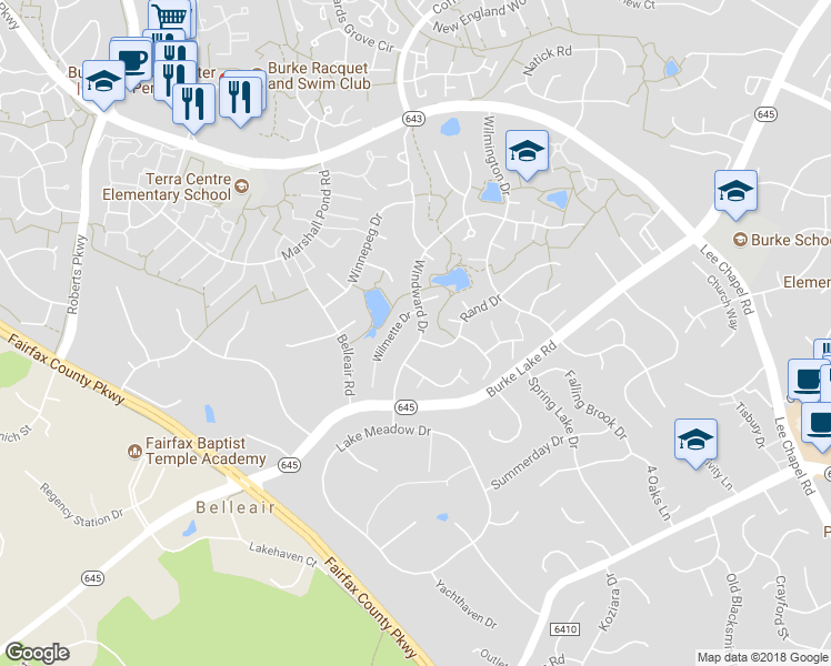 map of restaurants, bars, coffee shops, grocery stores, and more near 6240 Windward Drive in Burke