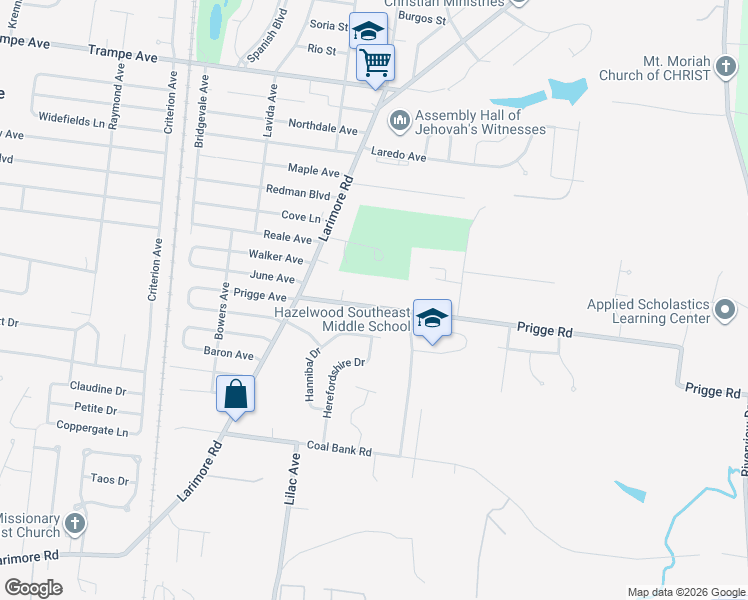 map of restaurants, bars, coffee shops, grocery stores, and more near 1007 Prigge Road in St. Louis