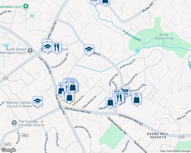 map of restaurants, bars, coffee shops, grocery stores, and more near 6325 Buffie Court in Burke