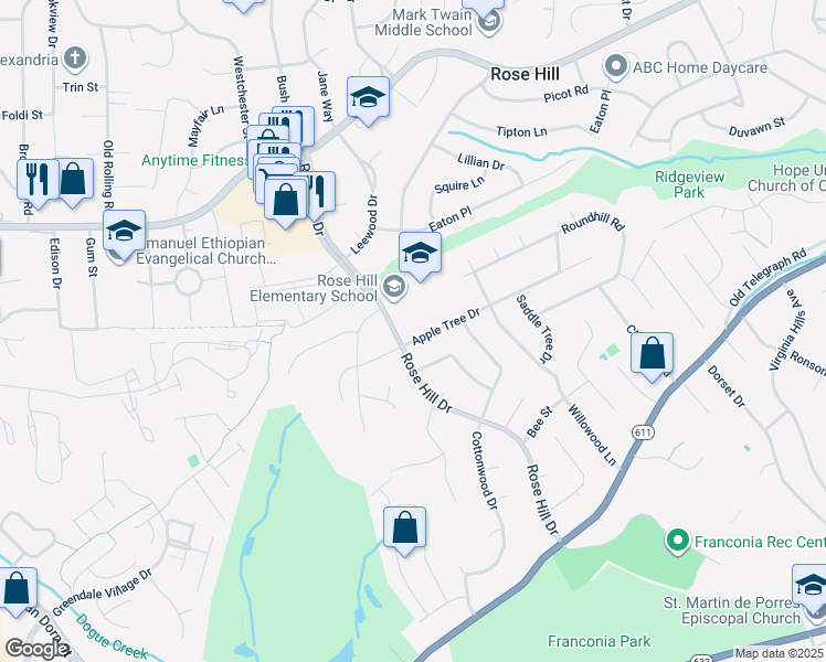 map of restaurants, bars, coffee shops, grocery stores, and more near 4806 Apple Tree Drive in Alexandria