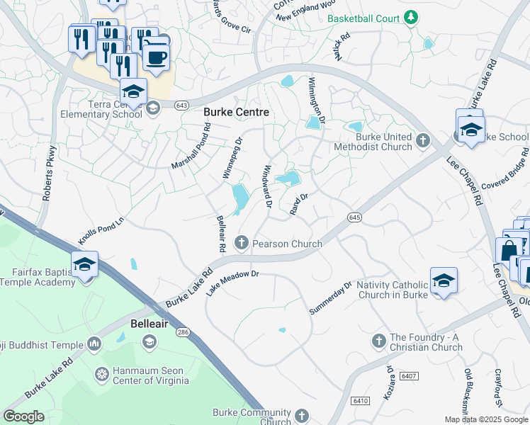 map of restaurants, bars, coffee shops, grocery stores, and more near 6240 Windward Drive in Burke