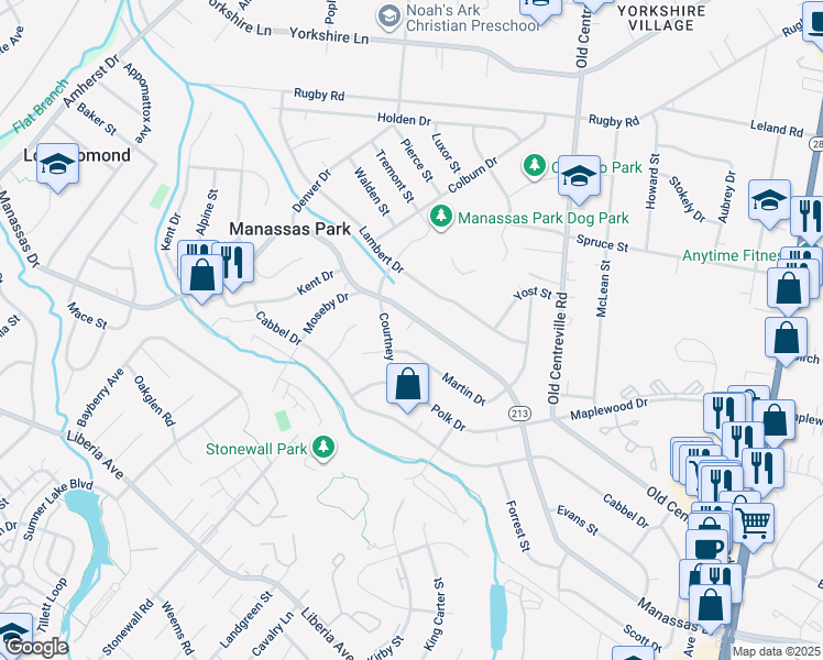 map of restaurants, bars, coffee shops, grocery stores, and more near 243 Manassas Drive in Manassas Park