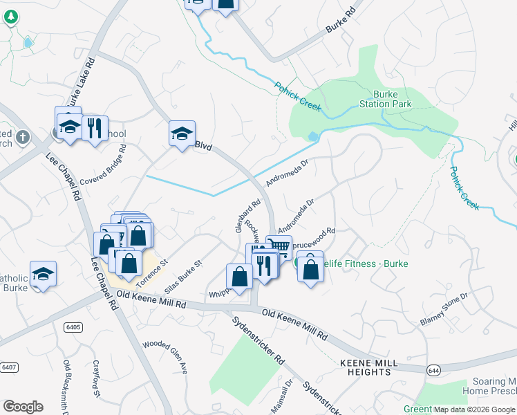 map of restaurants, bars, coffee shops, grocery stores, and more near 6303 Glenbard Road in Burke