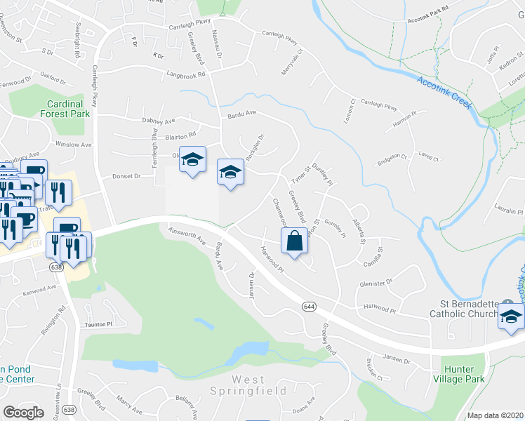 map of restaurants, bars, coffee shops, grocery stores, and more near 6305 Bardu Avenue in West Springfield
