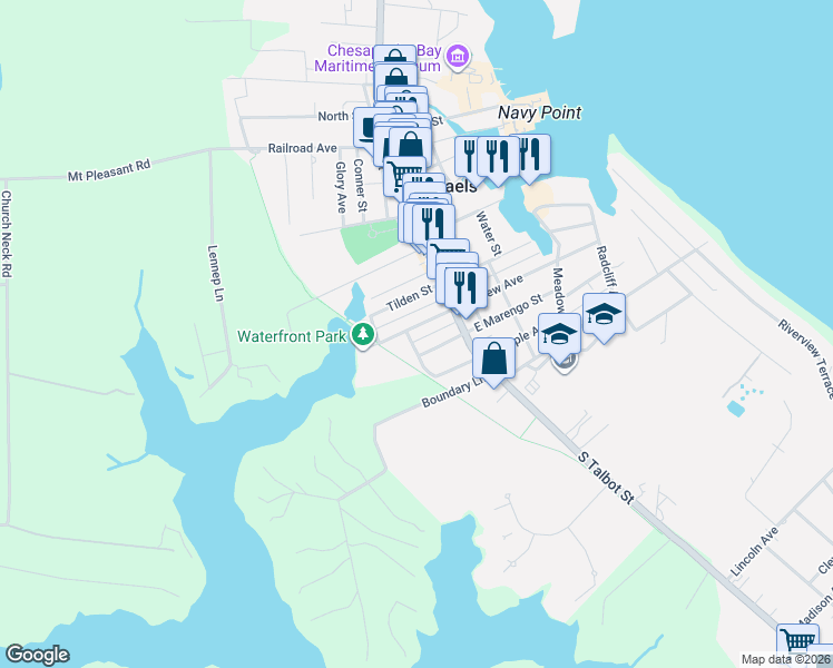 map of restaurants, bars, coffee shops, grocery stores, and more near 110 West Chew Avenue in Saint Michaels
