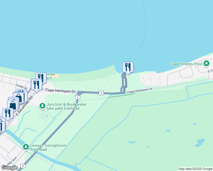 map of restaurants, bars, coffee shops, grocery stores, and more near 59 Pilot Point in Lewes