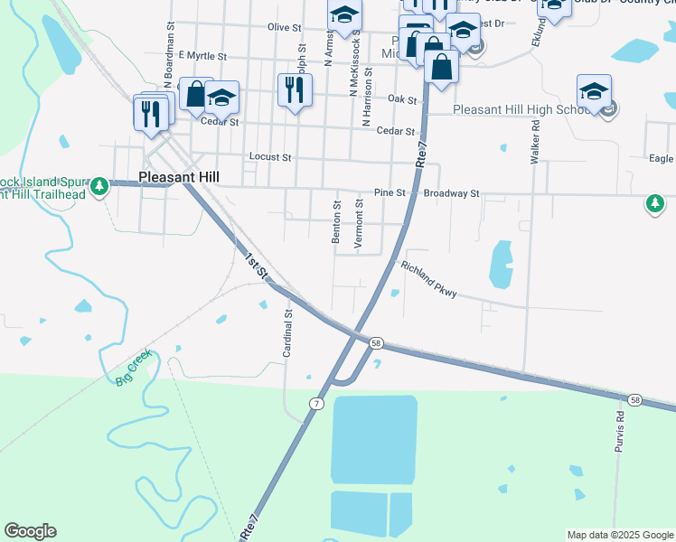 map of restaurants, bars, coffee shops, grocery stores, and more near 504 Benton Street in Pleasant Hill