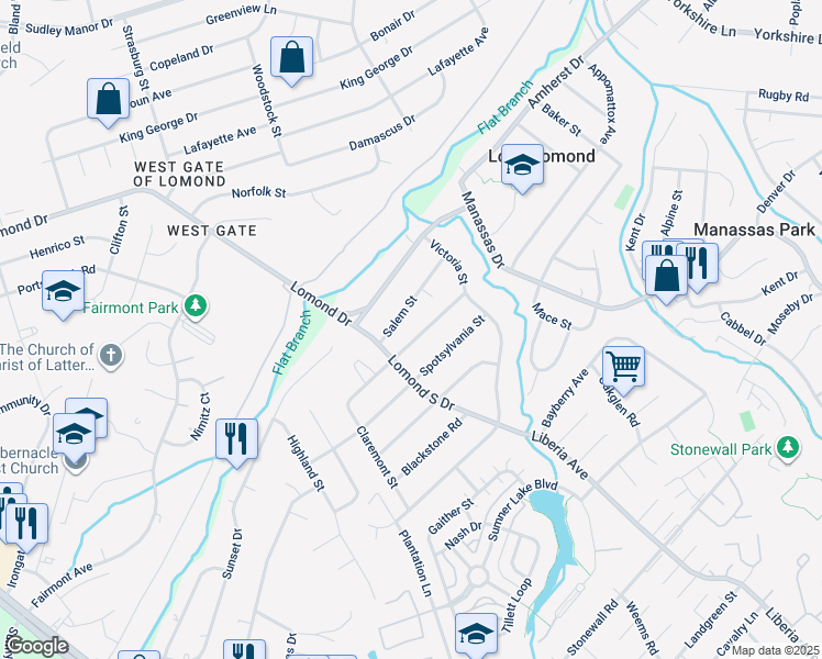 map of restaurants, bars, coffee shops, grocery stores, and more near 9418 Westmoreland Avenue in Manassas