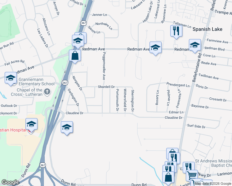 map of restaurants, bars, coffee shops, grocery stores, and more near 11558 Portsmouth Drive in St. Louis