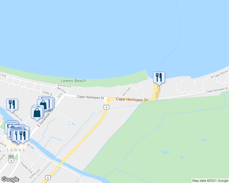 map of restaurants, bars, coffee shops, grocery stores, and more near 1 Pilot Point in Lewes