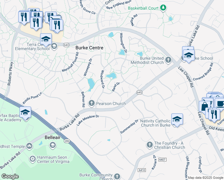 map of restaurants, bars, coffee shops, grocery stores, and more near 9924 Rand Drive in Burke
