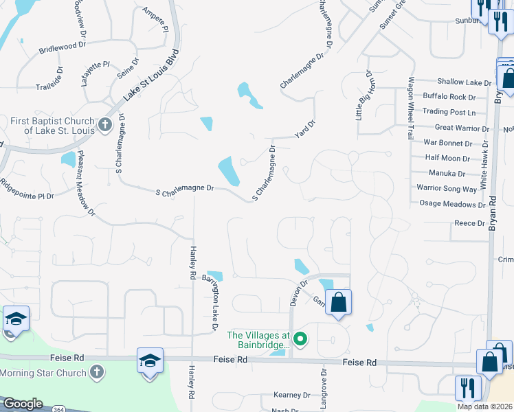 map of restaurants, bars, coffee shops, grocery stores, and more near 1150 South Charlemagne Drive in Lake Saint Louis