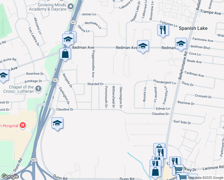 map of restaurants, bars, coffee shops, grocery stores, and more near 11553 Withersfield Drive in St. Louis