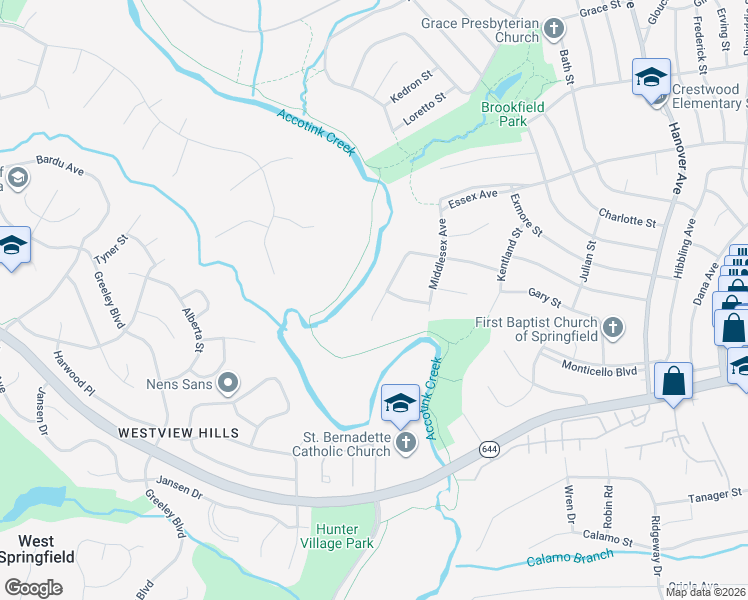 map of restaurants, bars, coffee shops, grocery stores, and more near 7627 Mendota Place in Springfield