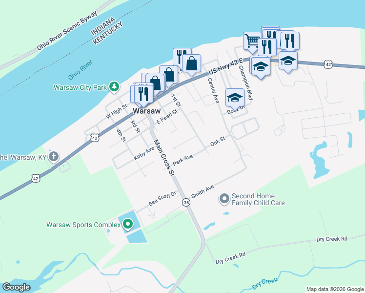 map of restaurants, bars, coffee shops, grocery stores, and more near 106 Stafford Circle in Warsaw