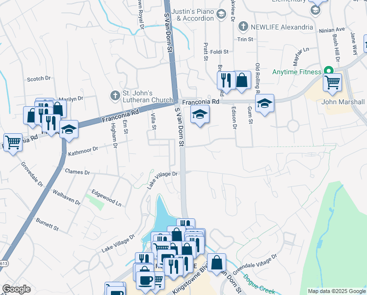 map of restaurants, bars, coffee shops, grocery stores, and more near Highway 613 in Alexandria