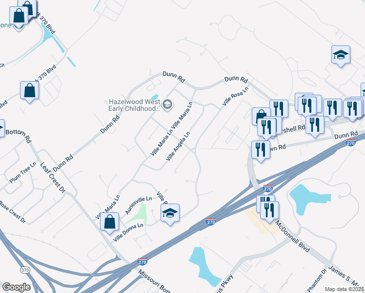map of restaurants, bars, coffee shops, grocery stores, and more near 1552 Ville Maura Lane in Hazelwood