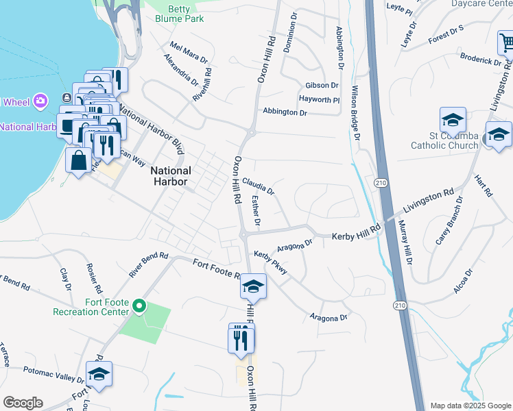 map of restaurants, bars, coffee shops, grocery stores, and more near 7908 Esther Drive in Oxon Hill
