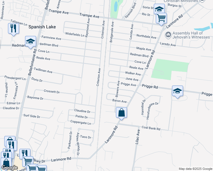 map of restaurants, bars, coffee shops, grocery stores, and more near 1220 Prigge Avenue in St. Louis