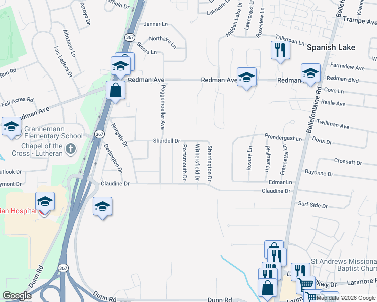 map of restaurants, bars, coffee shops, grocery stores, and more near 11558 Portsmouth Drive in St. Louis