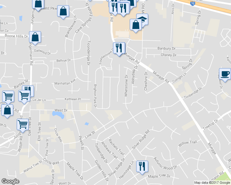 map of restaurants, bars, coffee shops, grocery stores, and more near 150 South Brighton Park Court in Saint Charles