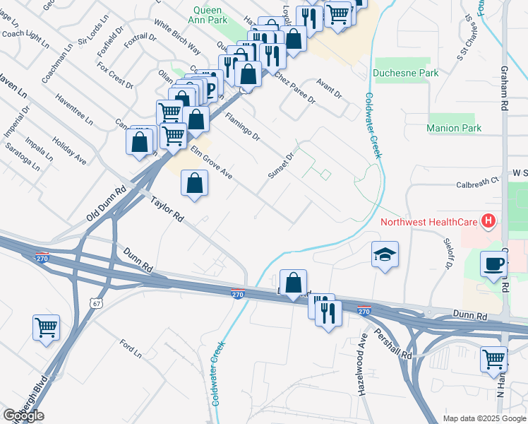 map of restaurants, bars, coffee shops, grocery stores, and more near 7318 Elm Grove Court in Hazelwood