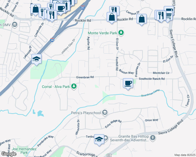 map of restaurants, bars, coffee shops, grocery stores, and more near 6000 Rock Saddle Way in Rocklin