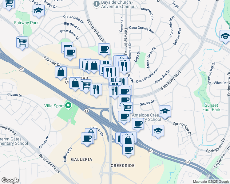 map of restaurants, bars, coffee shops, grocery stores, and more near 6710 Five Star Boulevard in Rocklin