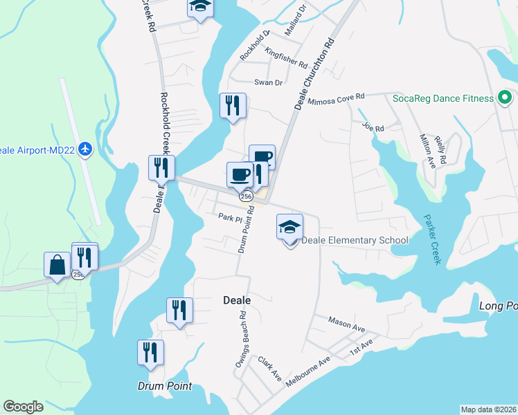 map of restaurants, bars, coffee shops, grocery stores, and more near 6005 Drum Point Road in Deale
