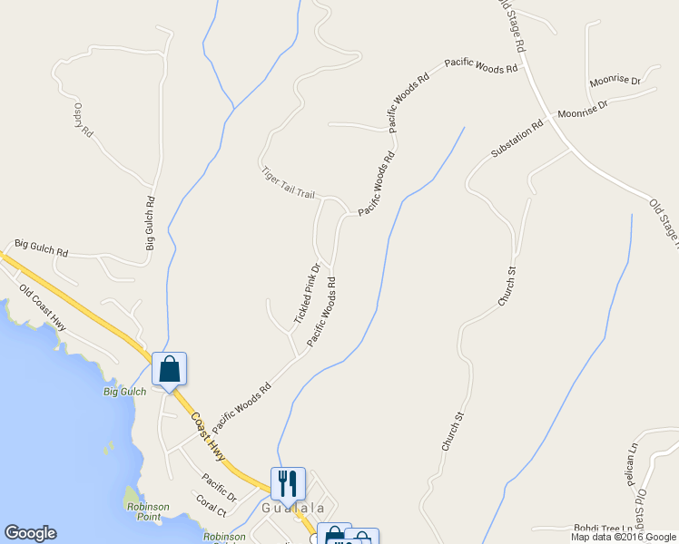 map of restaurants, bars, coffee shops, grocery stores, and more near 46225 Pacific Woods Road in Gualala