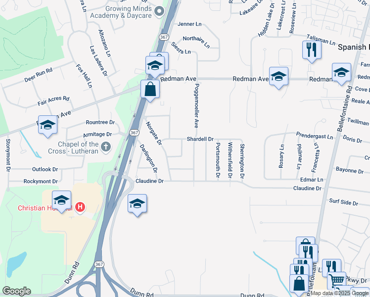 map of restaurants, bars, coffee shops, grocery stores, and more near 11560 Asheboro Drive in St. Louis