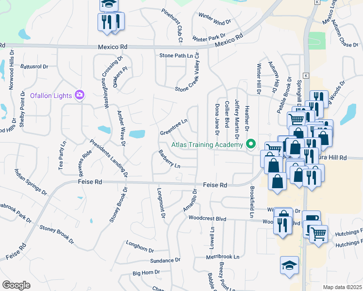 map of restaurants, bars, coffee shops, grocery stores, and more near 31 Camellia Drive in O'Fallon