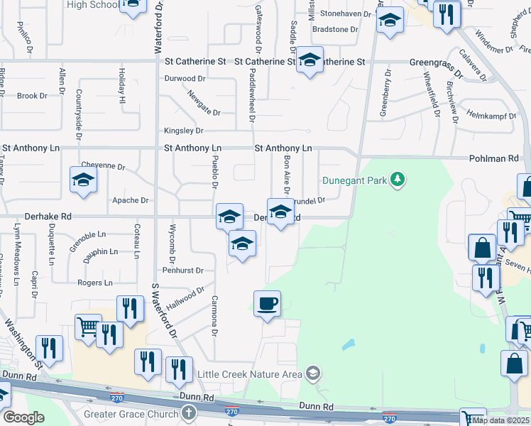map of restaurants, bars, coffee shops, grocery stores, and more near 1615 Derhake Road in Florissant