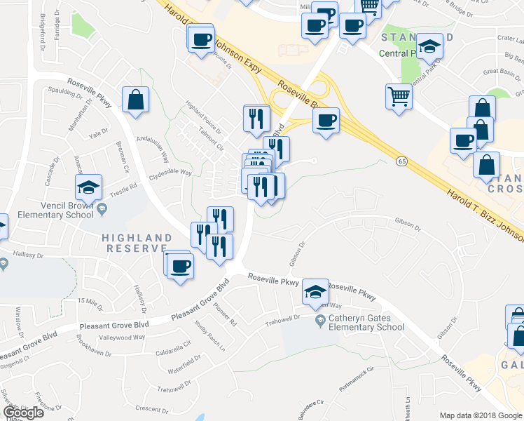 map of restaurants, bars, coffee shops, grocery stores, and more near 973 Pleasant Grove Boulevard in Roseville