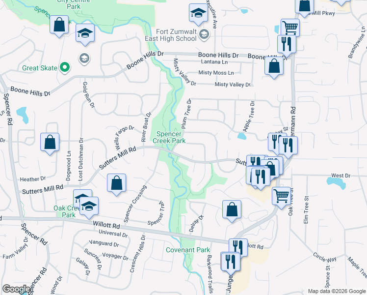 map of restaurants, bars, coffee shops, grocery stores, and more near 31 Mill Race Dr in St Peters