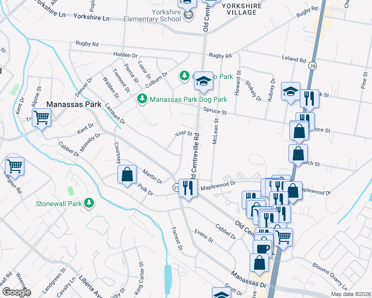 map of restaurants, bars, coffee shops, grocery stores, and more near 183 Martin Dr in Manassas Park