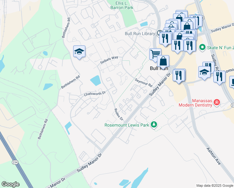 map of restaurants, bars, coffee shops, grocery stores, and more near 8111 Lacy Drive in Manassas