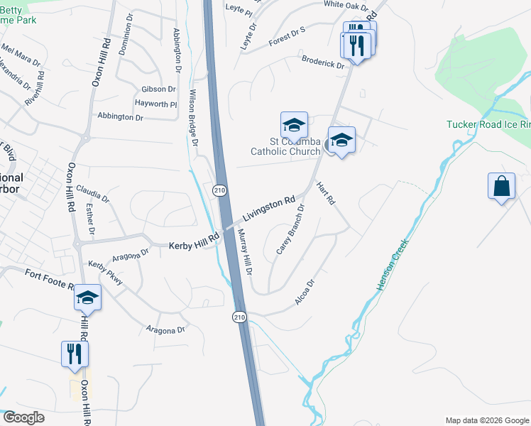 map of restaurants, bars, coffee shops, grocery stores, and more near 7916 Livingston Road in Oxon Hill