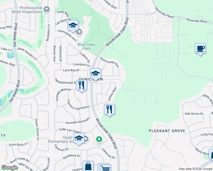 map of restaurants, bars, coffee shops, grocery stores, and more near 208 Dahlia Court in Roseville