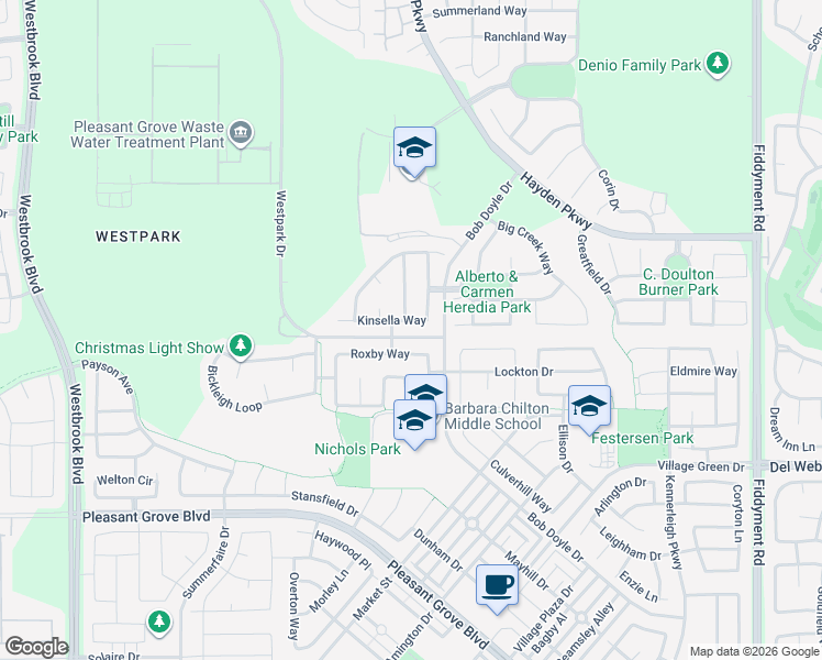 map of restaurants, bars, coffee shops, grocery stores, and more near 2557 Kinsella Way in Roseville