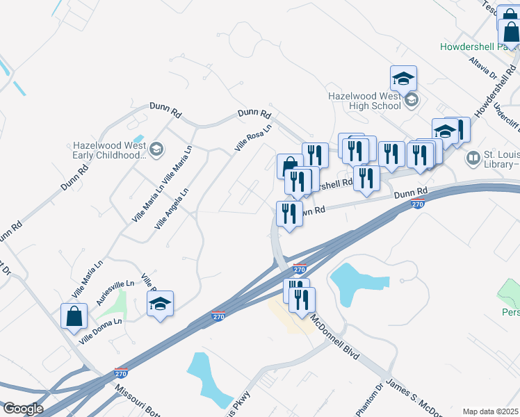 map of restaurants, bars, coffee shops, grocery stores, and more near 5361 Knoll Creek Drive in Hazelwood