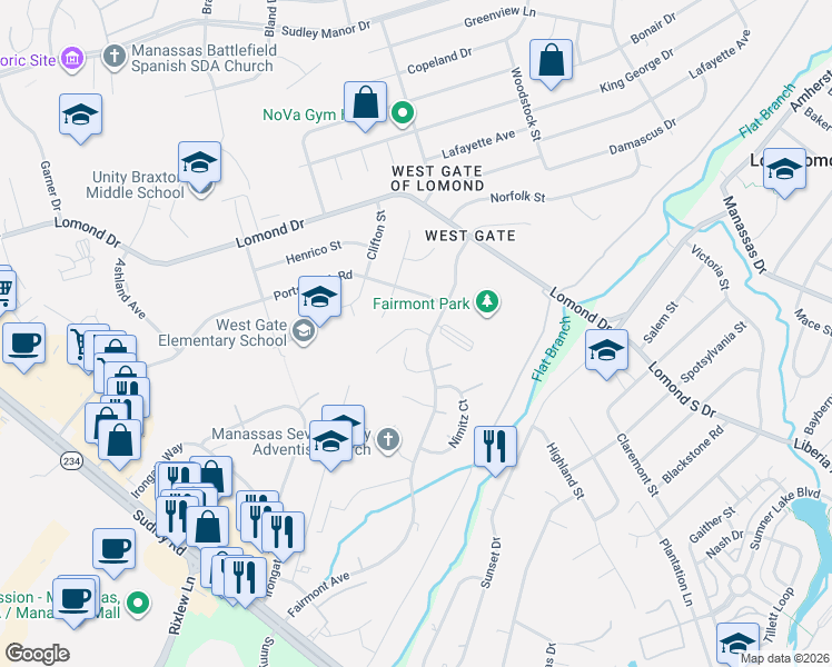 map of restaurants, bars, coffee shops, grocery stores, and more near 9893 Rickover Court in Manassas