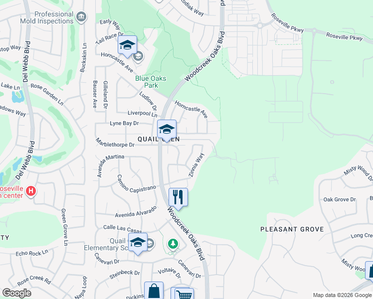 map of restaurants, bars, coffee shops, grocery stores, and more near 208 Dahlia Court in Roseville