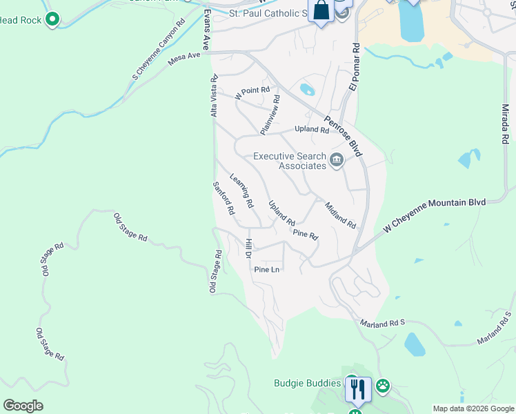 map of restaurants, bars, coffee shops, grocery stores, and more near 46 Upland Road in Colorado Springs