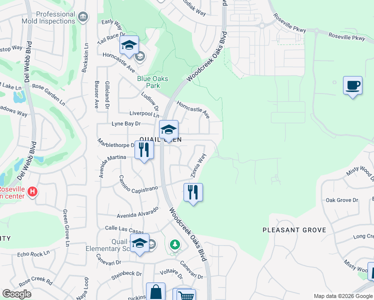 map of restaurants, bars, coffee shops, grocery stores, and more near 208 Dahlia Court in Roseville