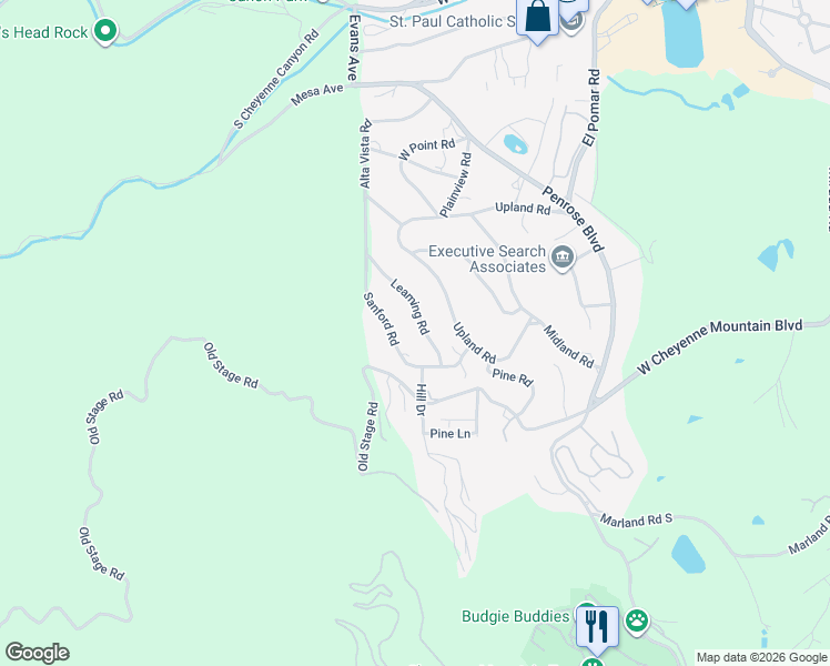 map of restaurants, bars, coffee shops, grocery stores, and more near 24 Leaming Road in Colorado Springs