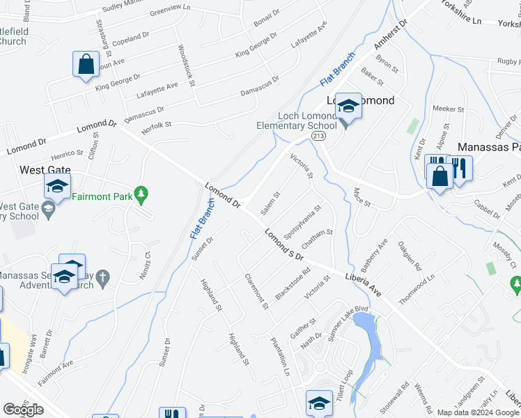 map of restaurants, bars, coffee shops, grocery stores, and more near 9528 Salem Street in Manassas