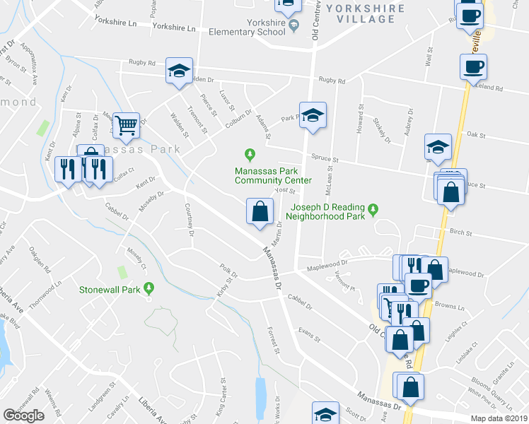 map of restaurants, bars, coffee shops, grocery stores, and more near 106 Lambert Drive in Manassas Park
