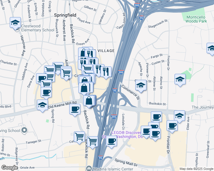 map of restaurants, bars, coffee shops, grocery stores, and more near 6320a Augusta Drive in Springfield