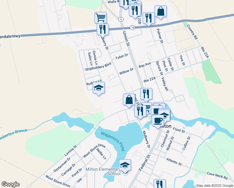 map of restaurants, bars, coffee shops, grocery stores, and more near 400 Mulberry Street in Milton